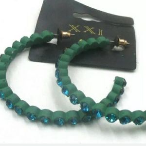 New XXI Unique Green w Blue Bling Hoop Earrings.